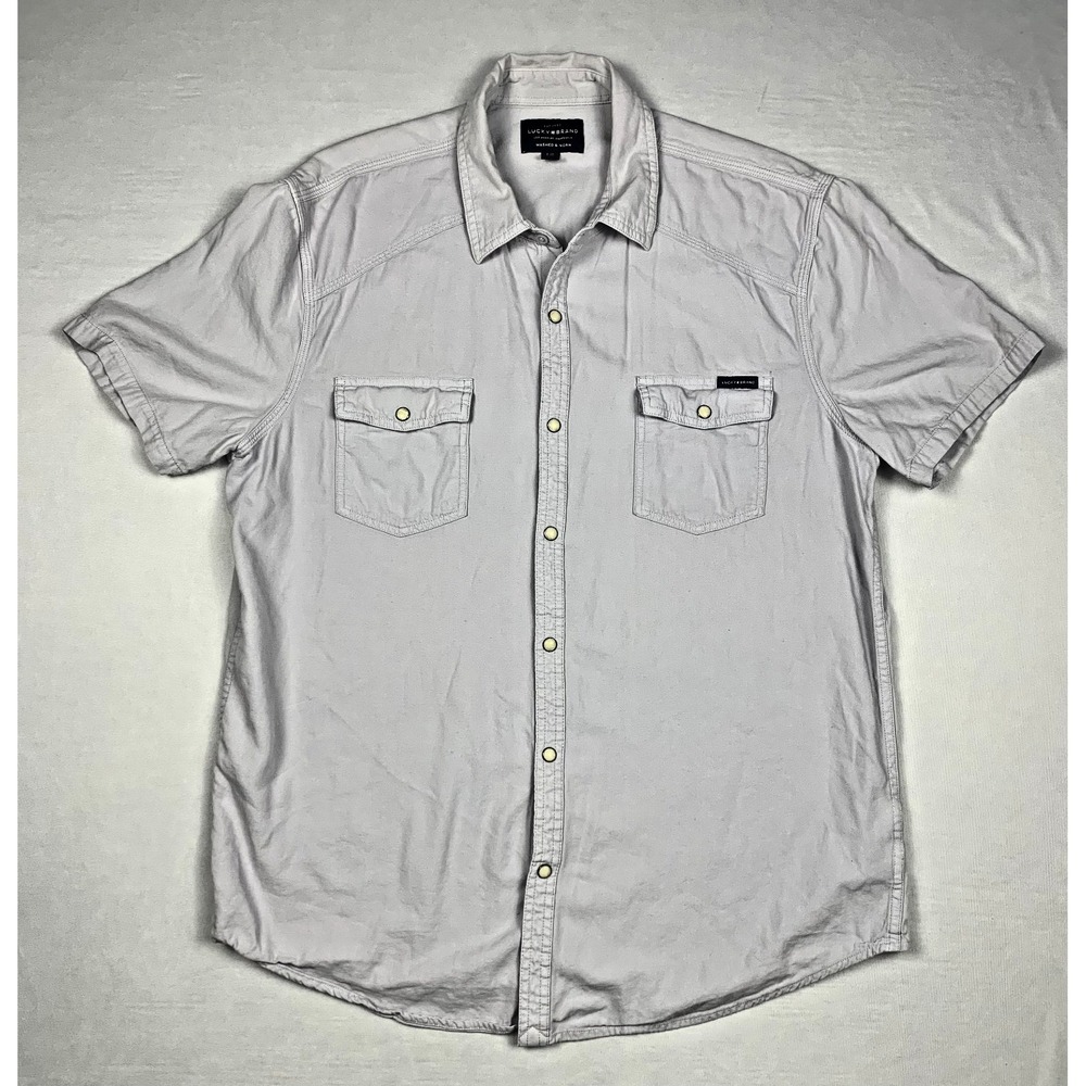 Lucky Brand Short Sleeve Button Down Shirt Mens Large Gray Washed Worn Cotton